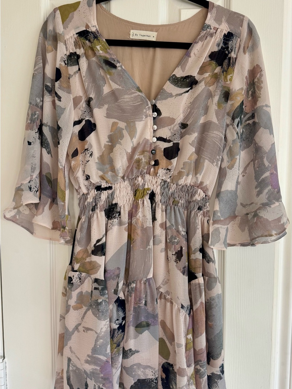 Floral Watercolor Midi Dress with Smocked Waist